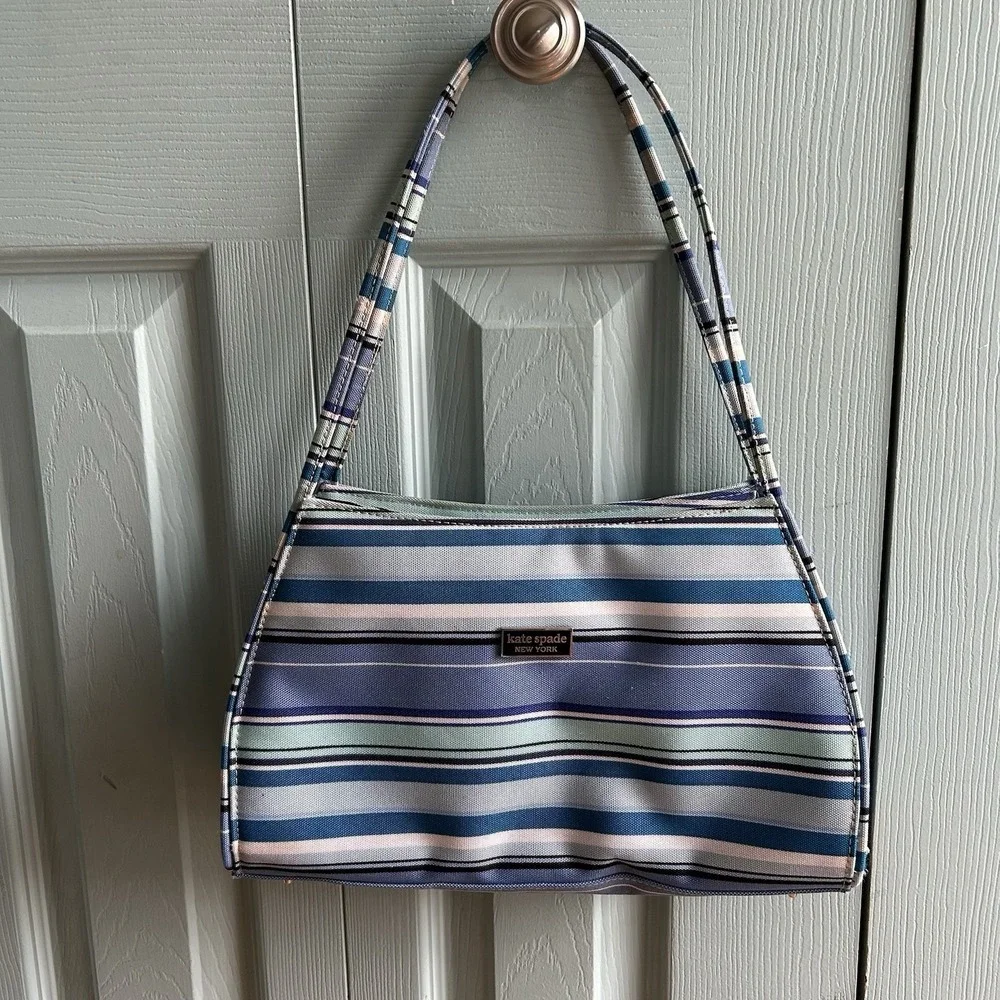 Vintage 90s Y2K Kate Spade Canvas Blue Striped Shoulder Bag Purse Footed Bottom